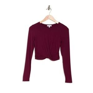 Socialite Women's Front Twist Long Sleeve Round Neck Top in Burgundy Xlarge